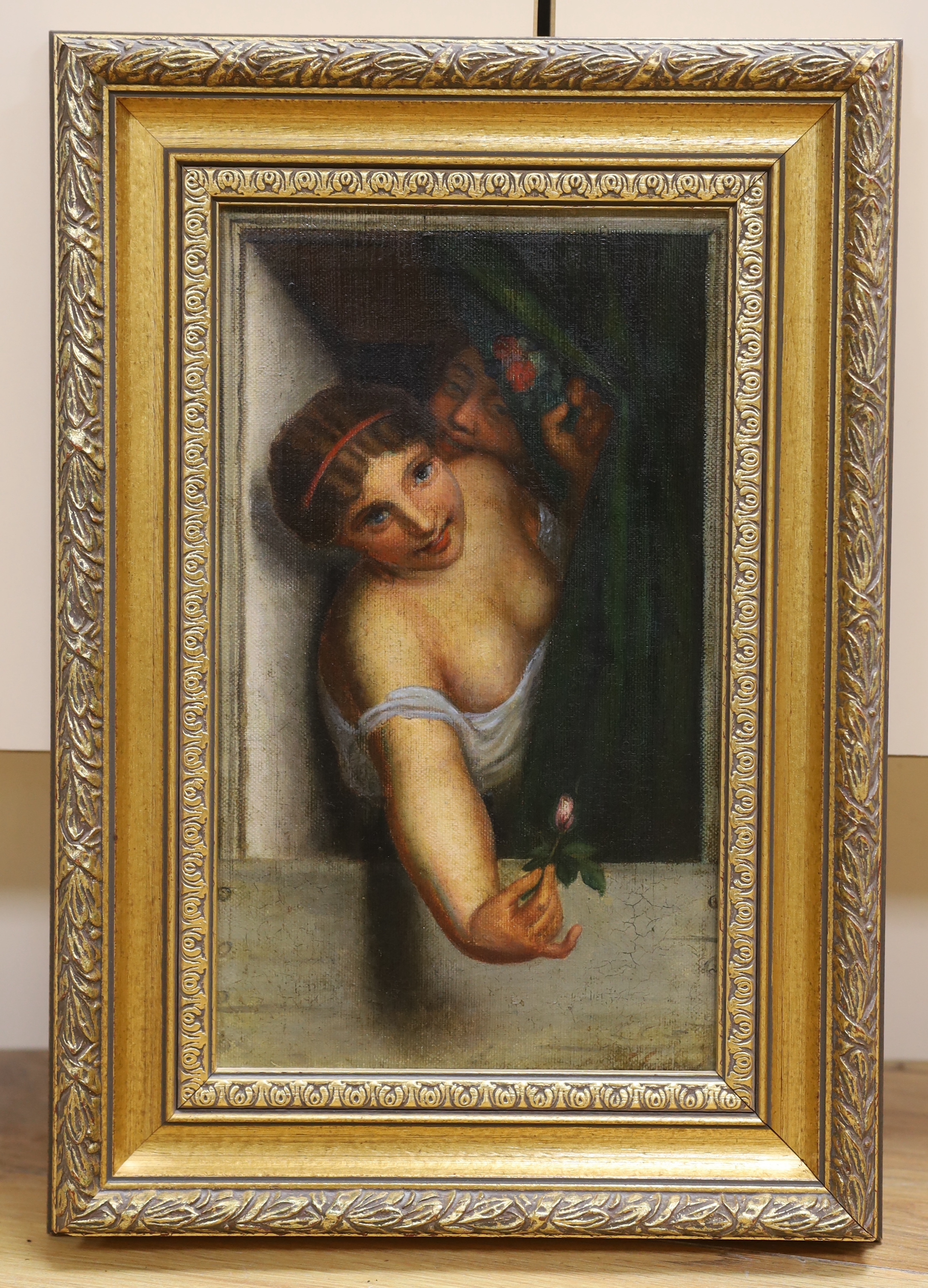 19th century Italian School, oil on canvas, Two figures at a window, one holding a rose bud, unsigned, 27cm x 16cm